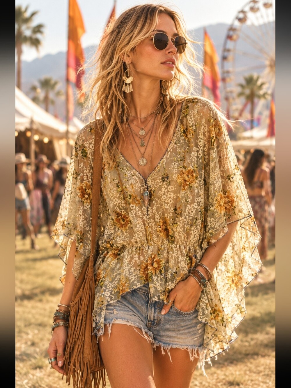 FREE PEOPLE Chrissy Emboidered Mesh Floral Lace Boho Kimono Ivory Batwing Top